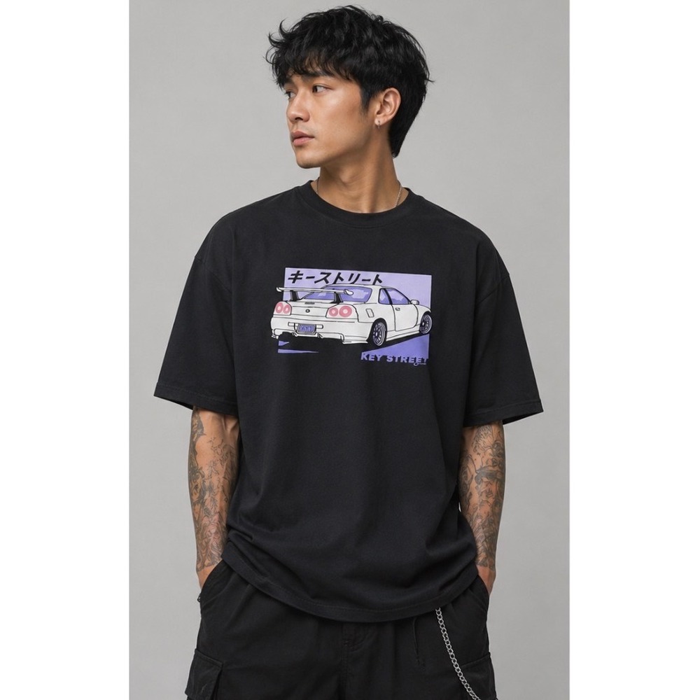Key Street Mens Large Black Skyline GT-R JDM Graphic T-Shirt Cotton L Japanese